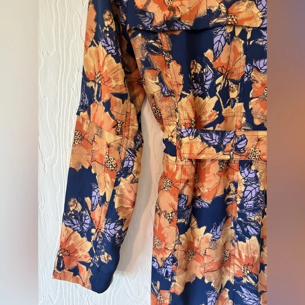Babaton Aritzia Blue Orange Quincy Floral Trench Cardigan Jacket Wrap Dress - Picture 7 of 17